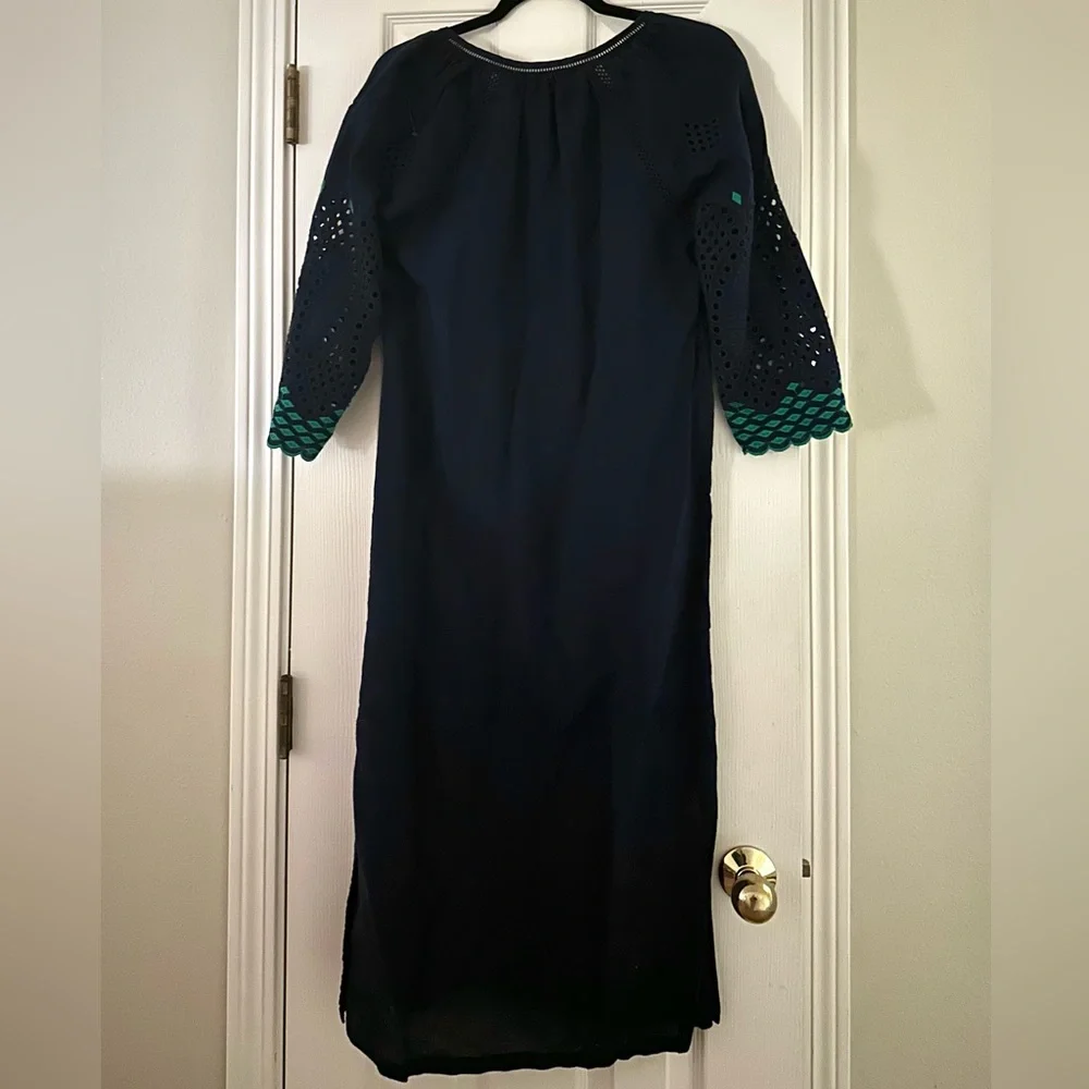 J. Crew Navy Linen Eyelet Caftan Midi Dress Women’s Size XS - Picture 2 of 3